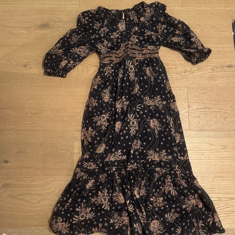 Boho Floral Maxi Dress in Black with Blush Accents